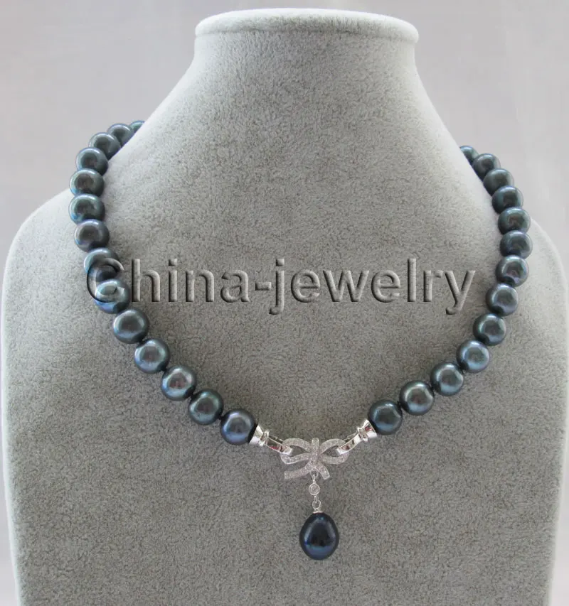 

Fast SHIPPING ******* 18"11-12mm natural black round freshwater pearl necklace-13mm drip pearl pendant (A0513) (A0513)
