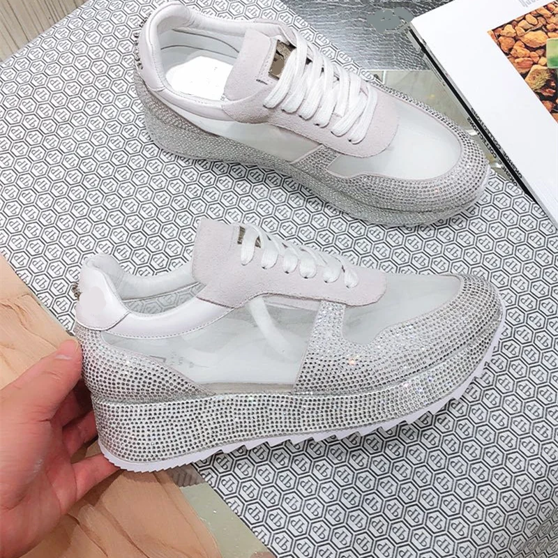 Stylesowner/Новинка года; летние женские кроссовки с кристаллами; модная обувь на плоской платформе с рифленым каблуком; 6 цветов; дышащая прогулочная обувь