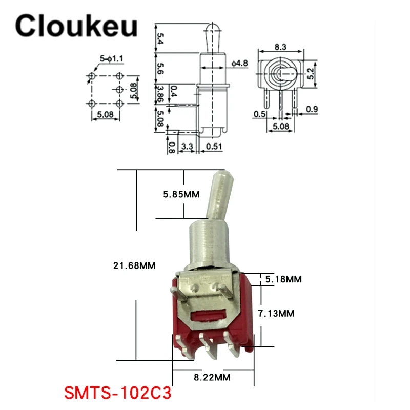 5 шт. SMTS-102C3 Ультра маленький красный 5 мм 3Pin/2 файла на изгиб булавки тумблер, ручажный переключатель 1.5A250V 3A125V