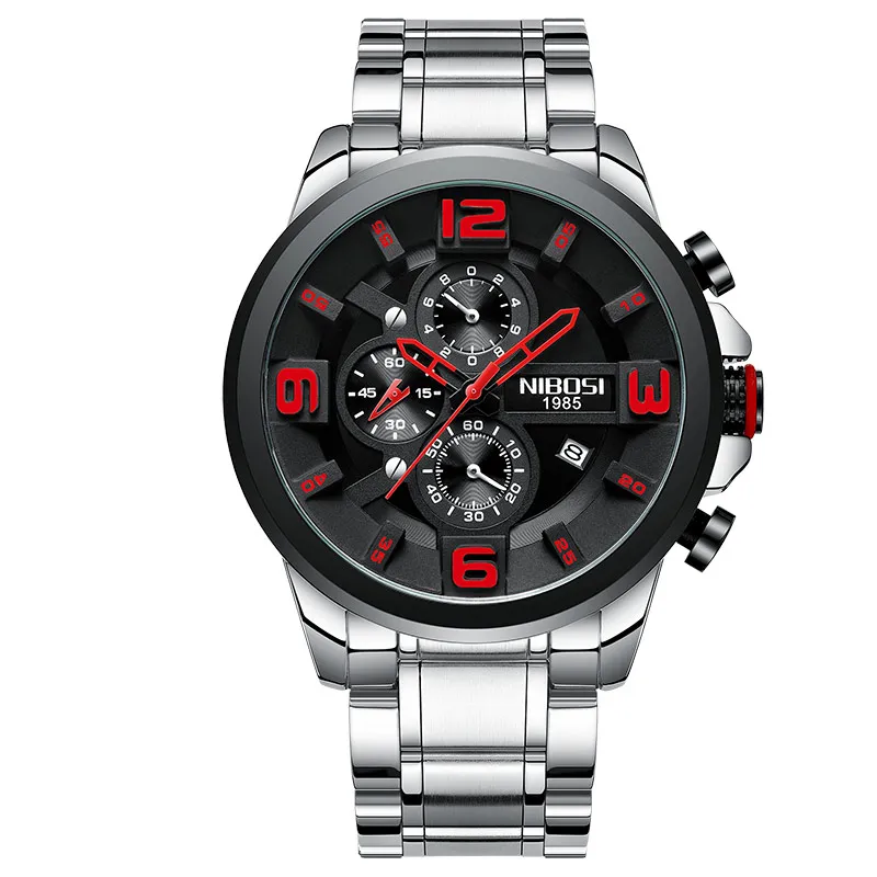 NIBOSI Reloj Hombre мужские часы Топ бренд Роскошные спортивные часы для мужчин часы люксовый бренд водонепроницаемые полностью стальные - Цвет: silver black red s