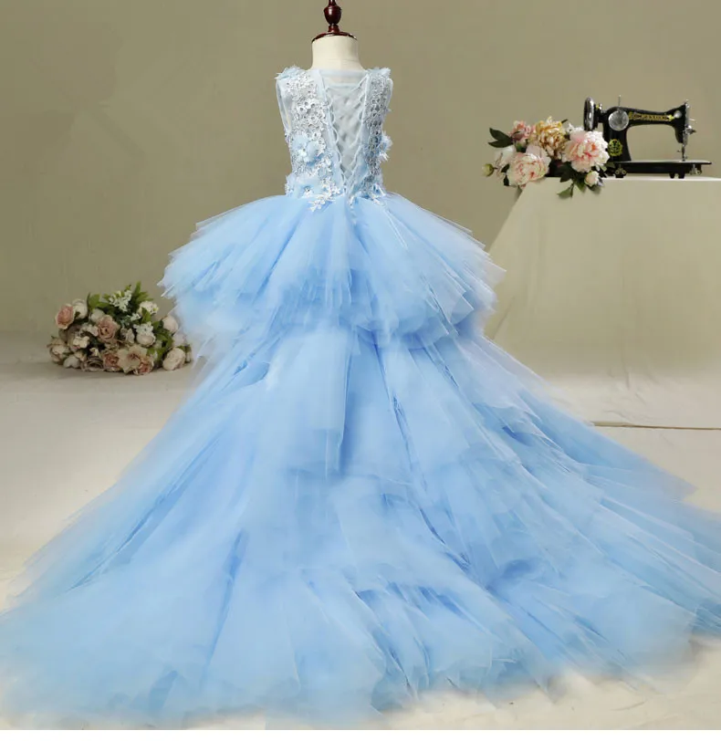 Голубой тюль платья для вечерние платье принцессы на крестины новорожденных праздничные платья аппликации - Цвет: with traling