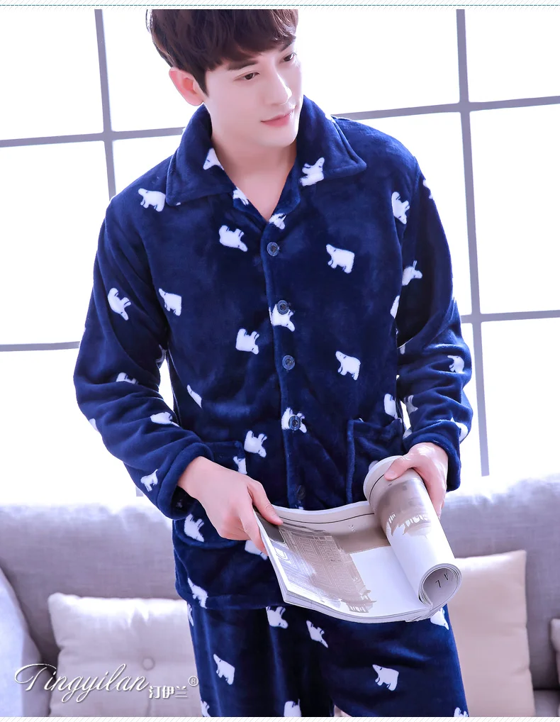 Мужская пижама фланелевая с длинными рукавами зимняя Коралловая бархатная Домашняя одежда мужская верхняя одежда мультфильм Ночное белье