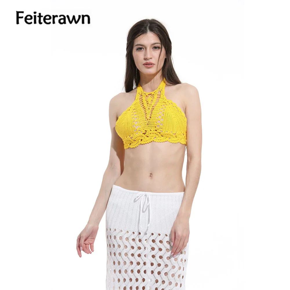 Feiterawn Yellow Knitted Crochet Beach Bikini Bra Swimsuit Turtleneck