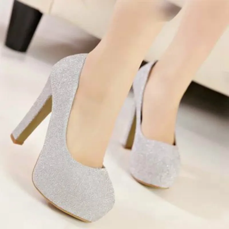 

Women Fashion High-heeled Shoes Ladies Sequins Chunky Pumps Female Wedding Party Shoes