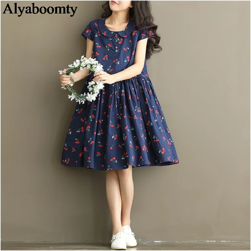 

Japanese Mori Girl Summer Women Kawaii Dress Peter Pan Collar Cherry Pattern White Blue Cute Dress Preppy Style Elegant Dresses