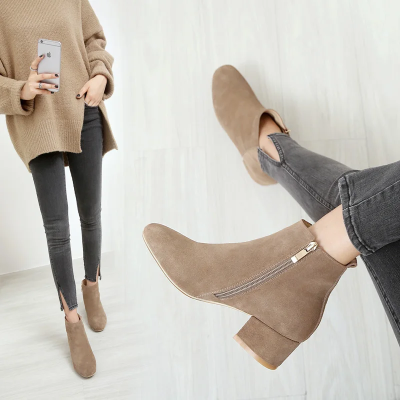 2018 Otoño Nueva Paste Paste naked bean Velvet Femmes Botas Bottes Del Mycolen Single Velvet Tobillo Cuir nude Invierno Mujeres En Single Toe black Black bean Elegante Longitud Peep Moda dExwCq