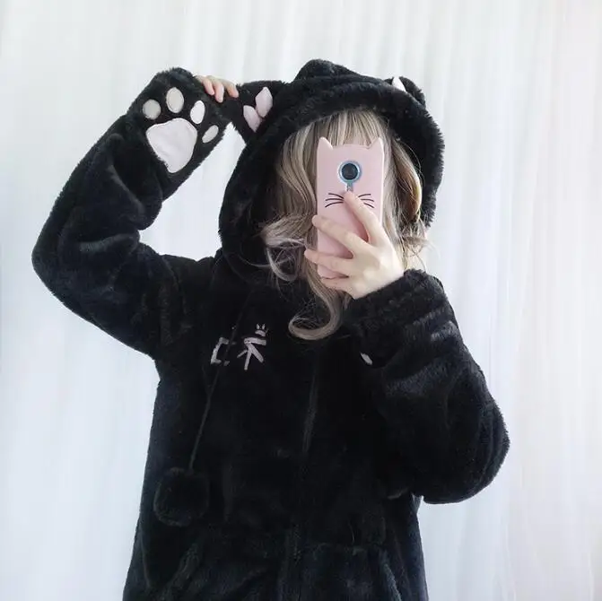 

WOMEN women young Lolita jacket cat paw student coat Winter new imitation fur fleece hooded fluffy cute cat ears short coat