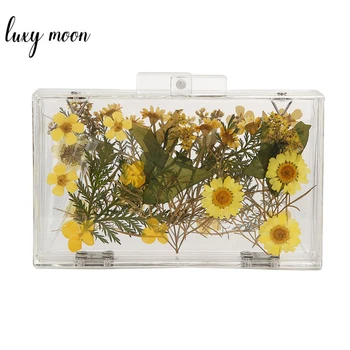 

Luxury Women Flower Evening Clutch Bag Wedding Party Handbag Transparent Bag Clear Hard Box Purse Chain Shoulder Bag ZD1271