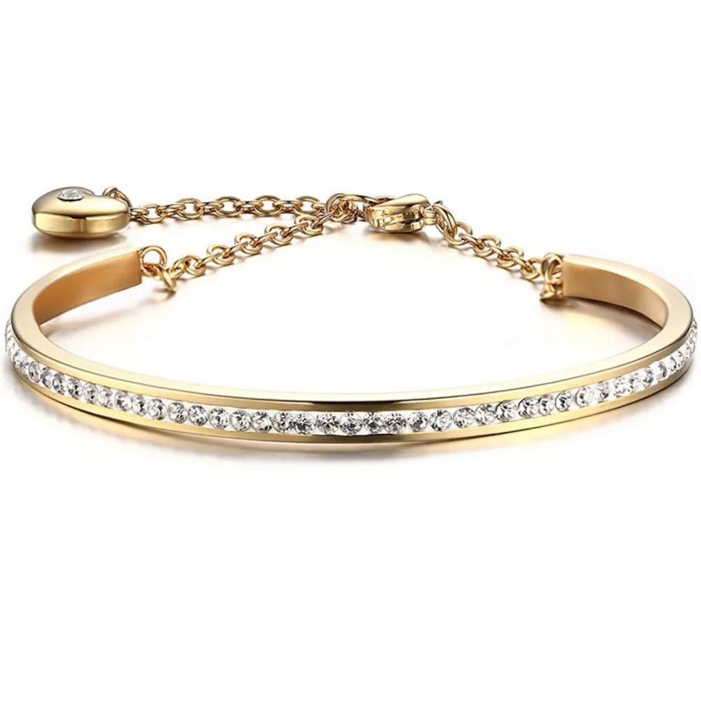 

Two Color Cuff Bangle For Women One Row Crystal Pave Stainless Steel Wedding Bracelets Bangles Jewelry Adjustable Chain
