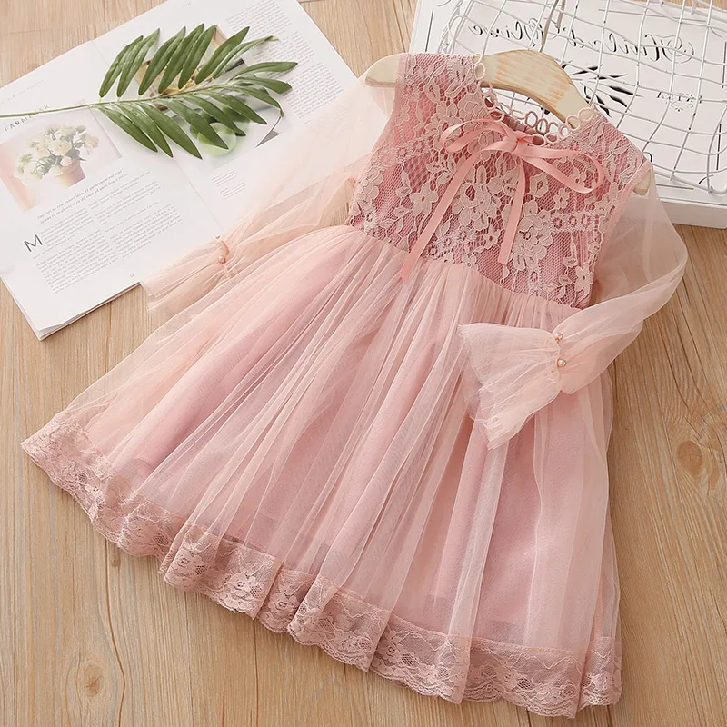 

2019 Children's Prom Party 3-6 8 10 to 12 Years England Style Princess Lace Chiffon Kids Baby Girl Long Full Sleeve Summer Dress