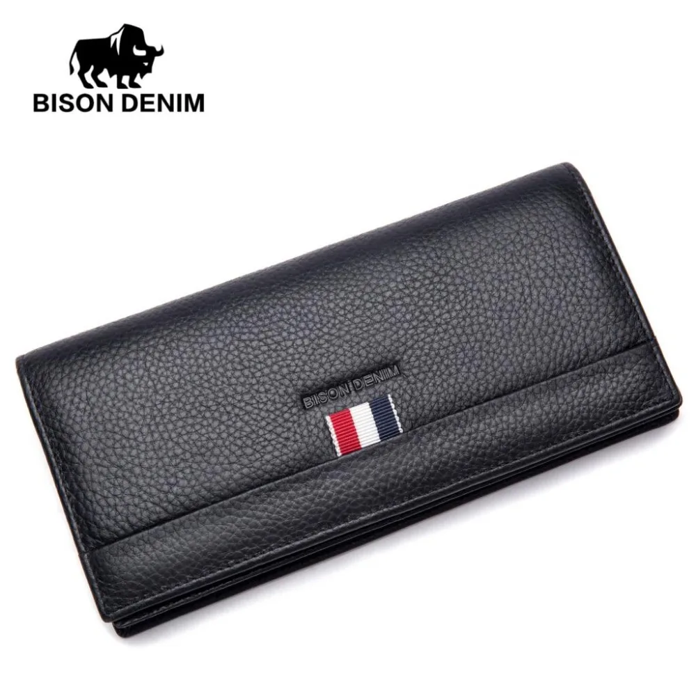 

BISON DENIM fashion men wallets genuine leather long slim bifold wallet credit card holder purse
