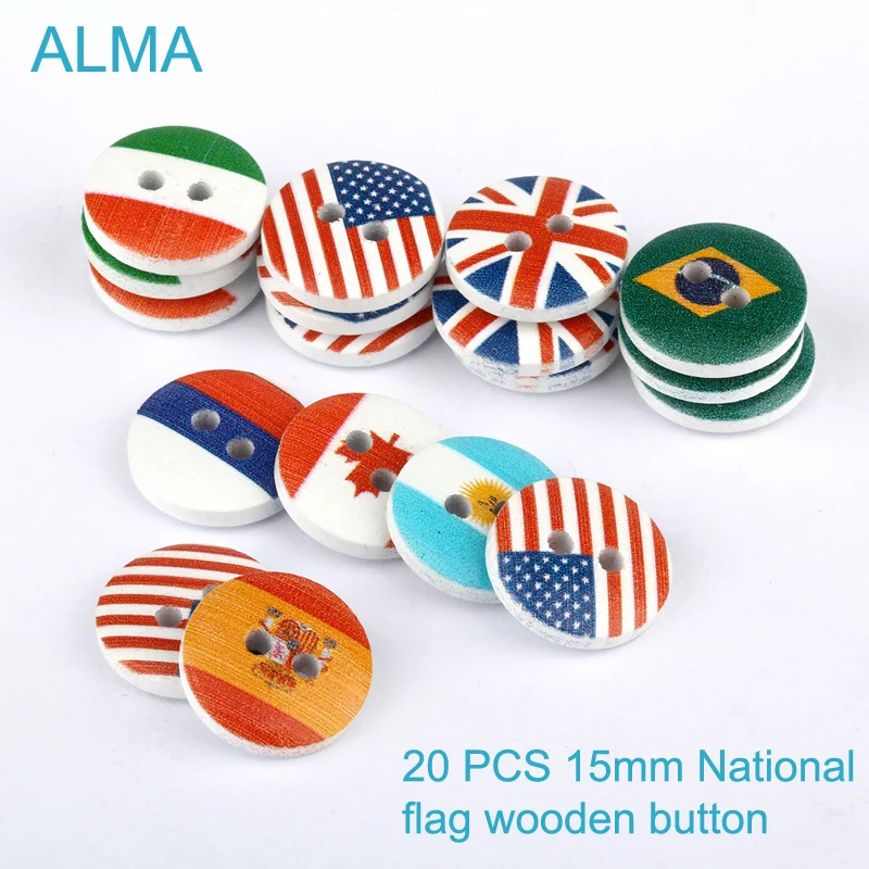 

NationaL flag Wooden Button Colorful Natural Sewing Buttons 15 mm 20pcs Round 2 hole for Scrapbooking DIY Clothes Accessories