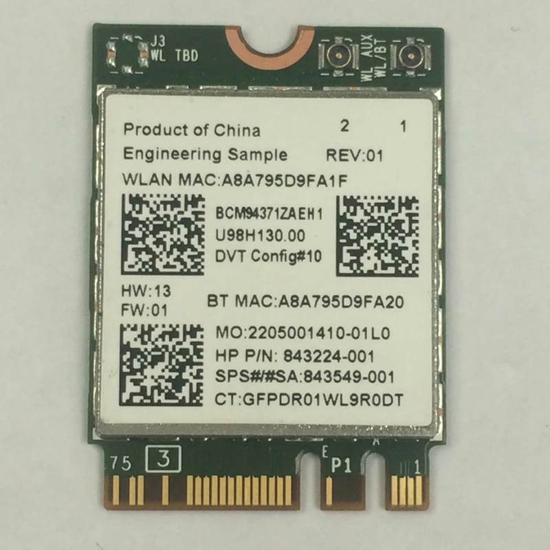 

BCM94371ZAE 802.11 AC NGFF M2 867Mbps WiFi & Bluetooth 4.1 Combo Card, SPS 843549-001