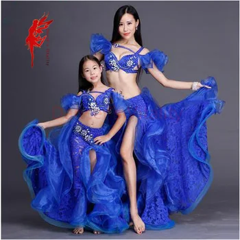 

Rhinestones Adult/kids performance belly dance set top and skirt ballroom dancer senior lace split skirt and crystal bra