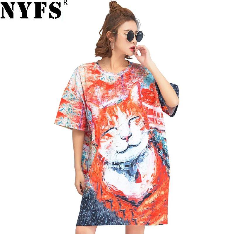 

NYFS 2019 New Summer dress Women Dress Vintage Milk silk Loose Cartoon cat Printing Long Dress Vestidos Elbise Robe