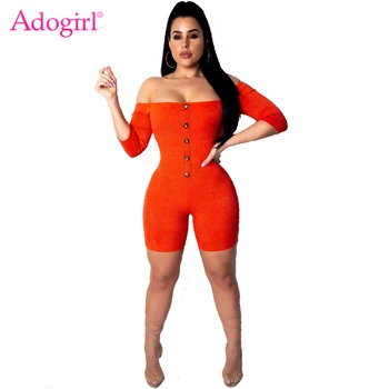 

Adogirl Solid Buttons Off Shoulder Bandage Jumpsuit Women Sexy Slash Neck 3/4 Sleeve Casual Romper Club Playsuits Sportswear