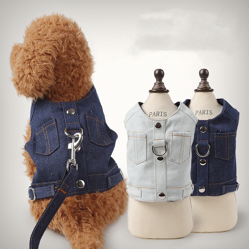Dog Harness Vest Jean Jacket Denim Pet Puppy Vest Harness for Small Dog Cat Chihuahua Teddy Schnauzer Apparel