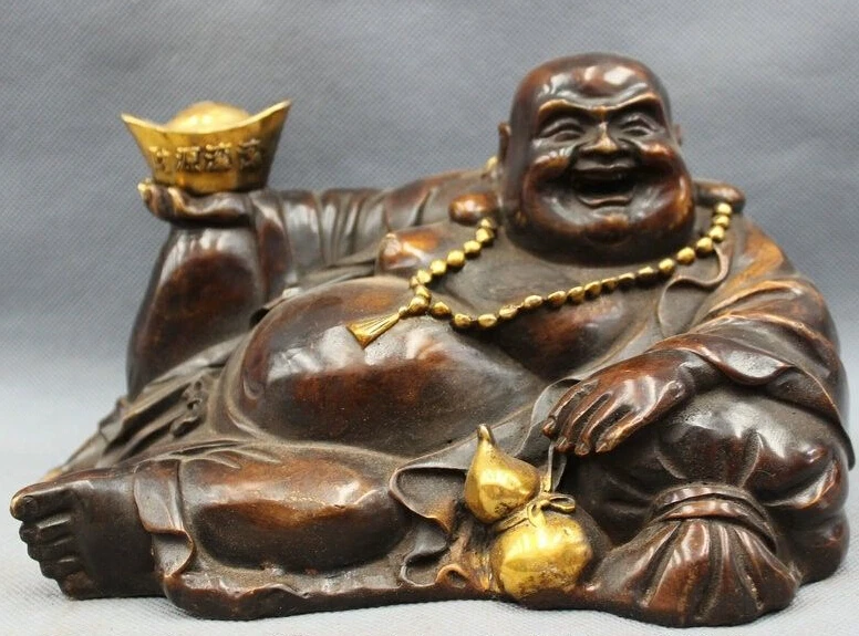 

9" Chinese Bronze Gilt Buddhism Folk YuanBao Gourd Happy Maitreya Buddha Statue