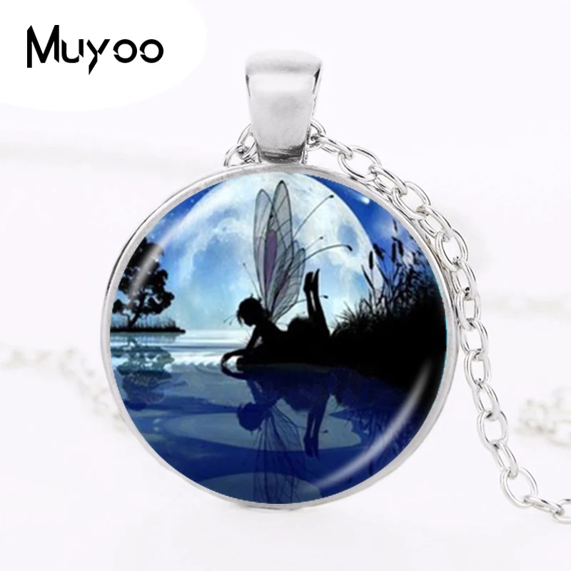 

Fairy in Moon Photo Necklace Angel Jewelry Crescent Moon Pendant Glass Cabochon Silver Chain Choker Neckless for Women Girls HZ1