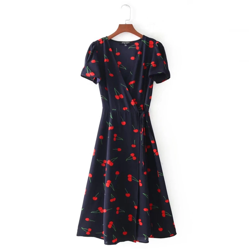 Летнее платье с запахом, платье миди в стиле бохо, винтажное платье с вишневым принтом, красное пляжное платье с v-образным вырезом, сексуальные повседневные ретро платья для вечеринок - Цвет: Тёмно-синий