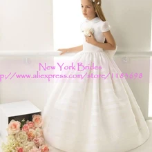 Новое Прибытие Совок Длина Пола Cap Рукавом Бальные Платья Симпатичные цветок Девочки Платья С Створки На Заказ Белый Королевский Синий платья