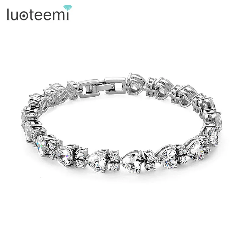 

LUOTEEMI Fashion Women Elegant Heart Zircon Bracelet Bangles Charms Crystal Bride Wedding Jewelry Love Gift White Gold-Color