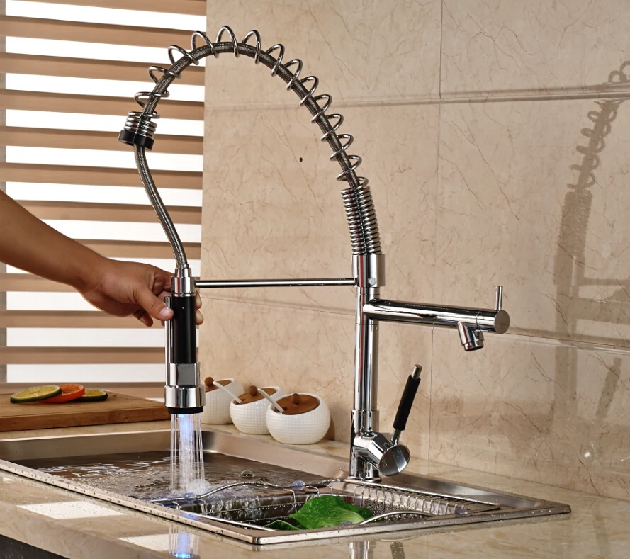 LED Sprayer Chrome Brass Kitchen Faucet Double Sprayer Spring Deck Mounted Mixer Tap Hot and Cold Water