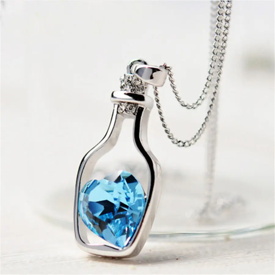 

NEW Creative Women Fashion Necklace Ladies Popular Style Love Drift Bottles Pendant Necklace Blue Heart Crystal Pendant Necklace