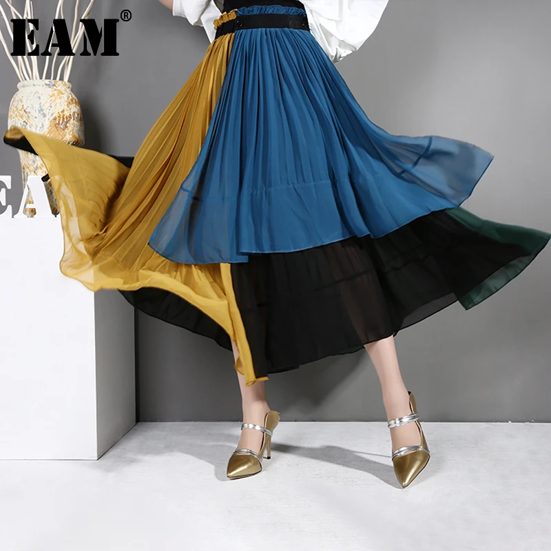 

[EAM] 2019 New Spring Summer High Elastic Waist Blue Chiffon Hit Color Pleated Irregular Half-body Skirt Women Fashion Tide JG20