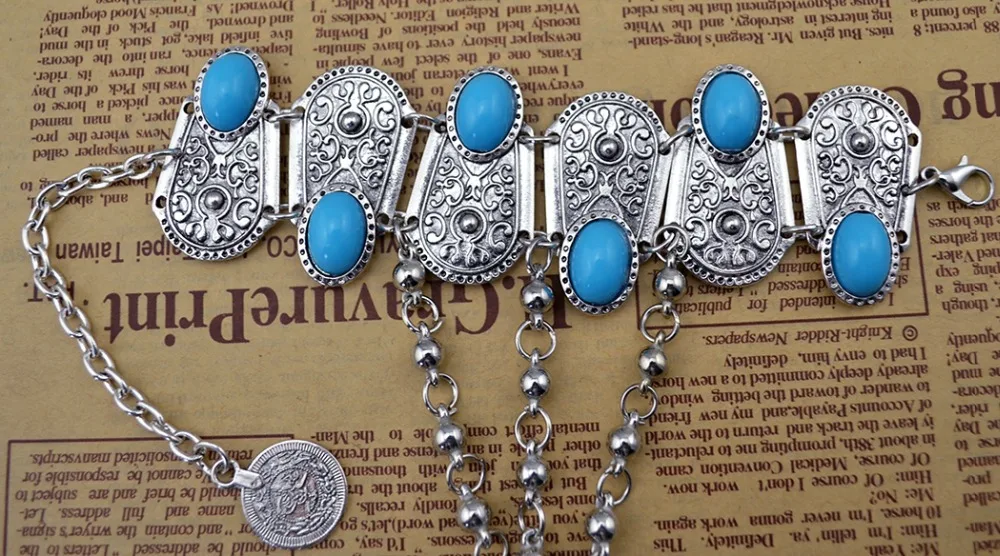 Vintage Finger Bracelet Pulseras Bohemian Gypsy Beach Charm Turkish Coin Pendant Hand Chain Blue Stone Slave Bracelet Bangle bracelet jewelry