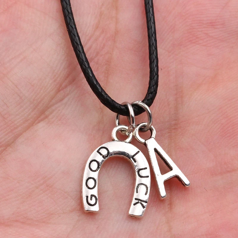 

New A-Z Letter Good Luck Horseshoe DIY Tibetan Silver Pendant Black Leather Necklace Handmade Fashion Jewelry for Men Women Gift