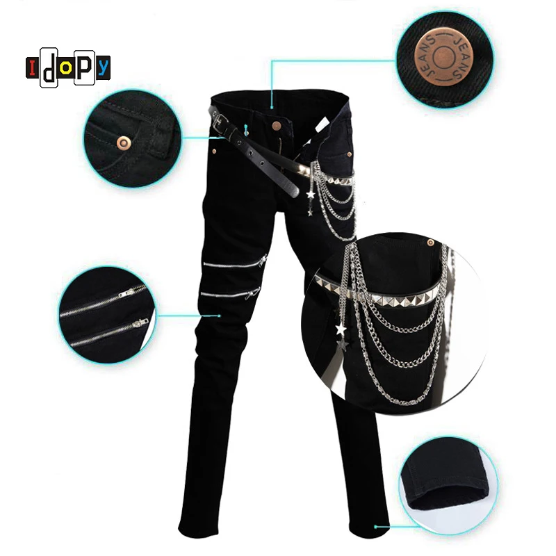Idopy Fashion Slim Fit Denim Pants Punk Style High Elastic Stretchy Zippers Gothic Button Jeans Trouser For Men With Chain Jean Trouser For Men Jeans Trousersslim Fit Denim Aliexpress