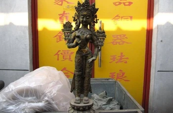 

27"Tibet Buddhiam Copper Bronze gild Stand Tara Kwan-Yin Guan Yin Buddha Statue