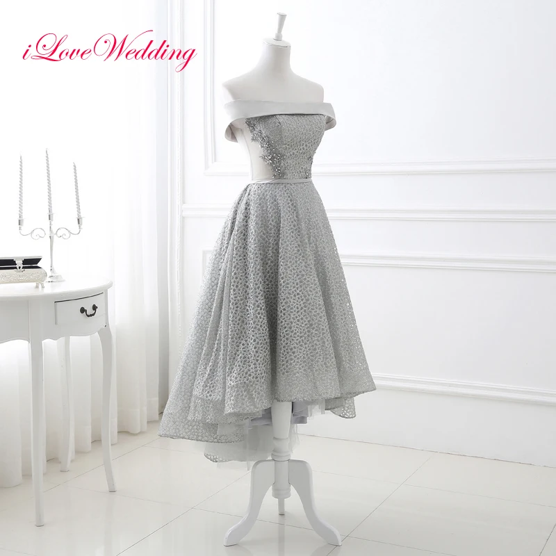 

New Arrival 2019 Light Grey Prom Dresses High Low Boat Neck Ankle-Length Party Dress Lace up Back Vestido de festa for Women