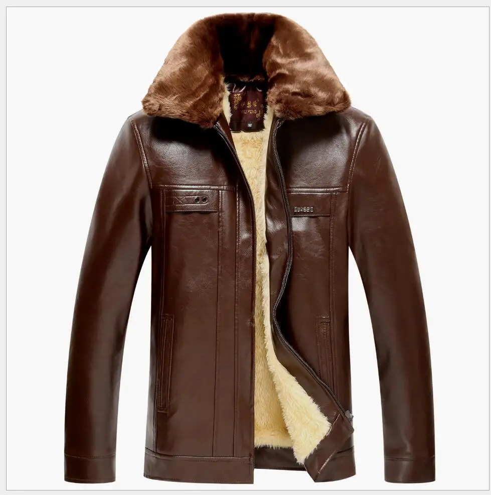 M-4XL зимняя новая мужская кожаная куртка из искусственной кожи для среднего возраста, зимняя утепленная шуба, мужской кожаной одежды - Цвет: Коричневый