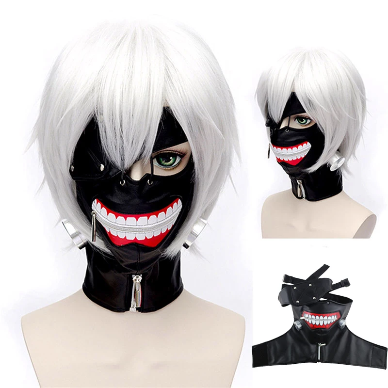 

Tokyo Ghoul Cosplay Masks Kaneki Ken Adjustable Zipper Faux Leather Mask With Wigs Halloween Cosplay Mask Hot sale for Party