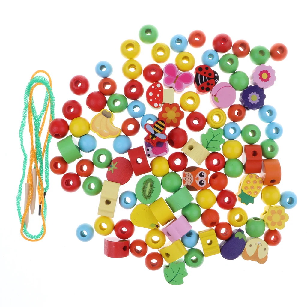 Baby Toddler Wooden Threading Beads Math Toys Lacing Shapes Activity Cognition Toys, Wooden Educational Toy for Kids