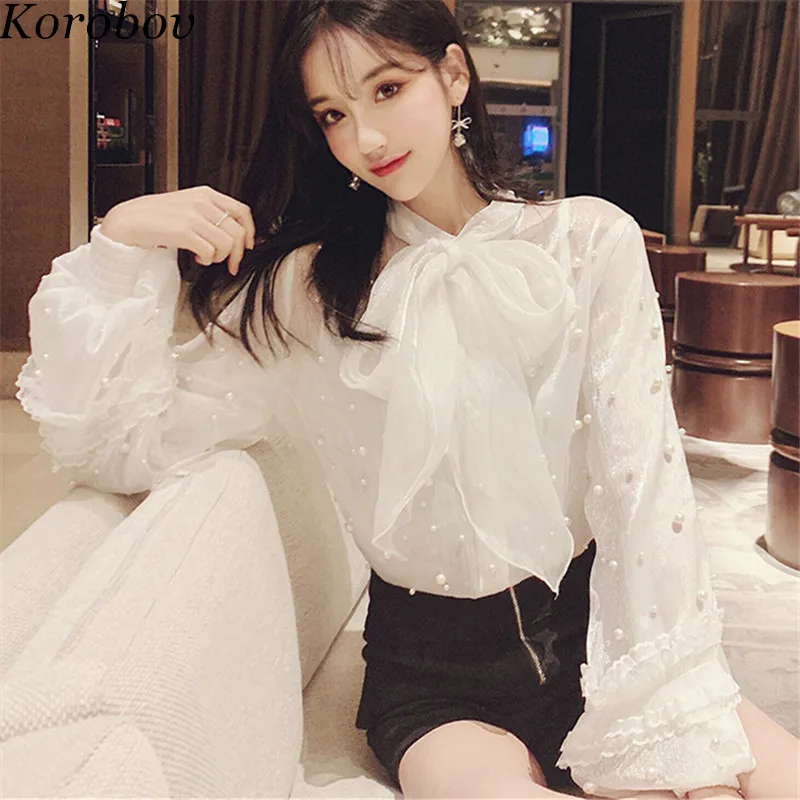 

Korobov Women Tops Korean Fashion Beading Chiffon Blouse Perspective Shirts Female New Lacing Bow Full Sleeve 2 PCS Blouse 76768