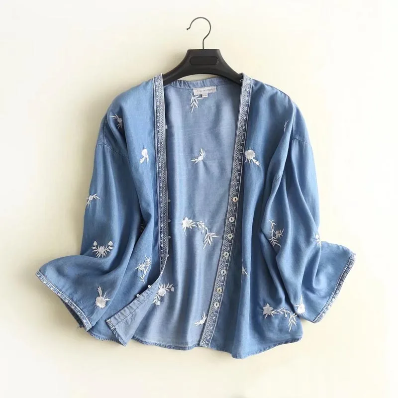 

CS2855 Vintage embroidery open stitch jeans blouse women casual soft denim blouses tops