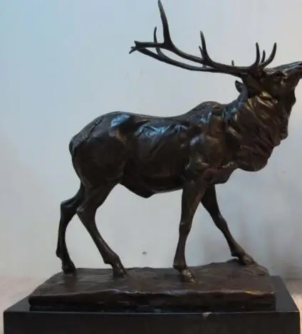 

bjc>>Western Art Decor Copper Bronze Marble Base Sculpture Elk Deer Statue Figurine (B0413)
