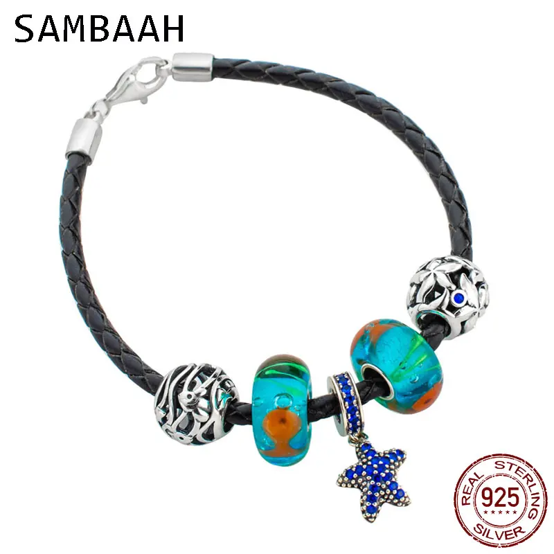 

Sambaah 3mm Chain Italian Braided Leather Bracelet with 925 Sterling Silver Ocean Animals Beads for European Summer Bracelet