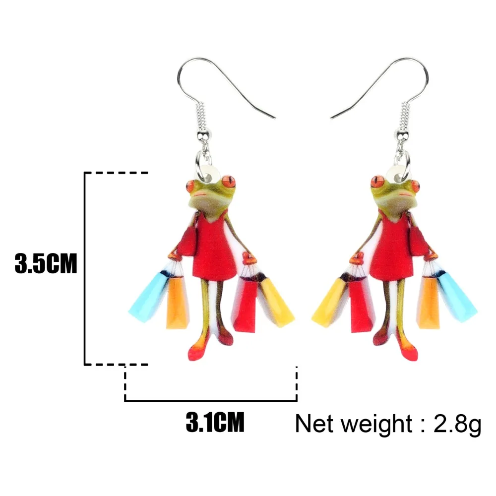 Bonsny Acrylic Shopping Lady Frog Earrings Drop Dangle Fashion Animal Jewelry For Women Girls Ladies Accessories Wholesale Gift
