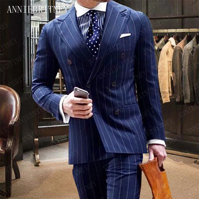 

ANNIEBRITNEY Men Wedding Suits 2019 Formal Grey Stripes Printed Tuxedo Slim Fit Men Suit Set Groom Suits Custom Made Blazer