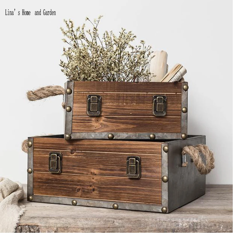 handcraft wood metal vintage retro industrial storage crates with hemp rope handles