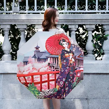 

High Quality Umbrella Windproof Sun Protection Japanese Geisha Kimono Women Three Folding Parasol Girls Favourite Gift