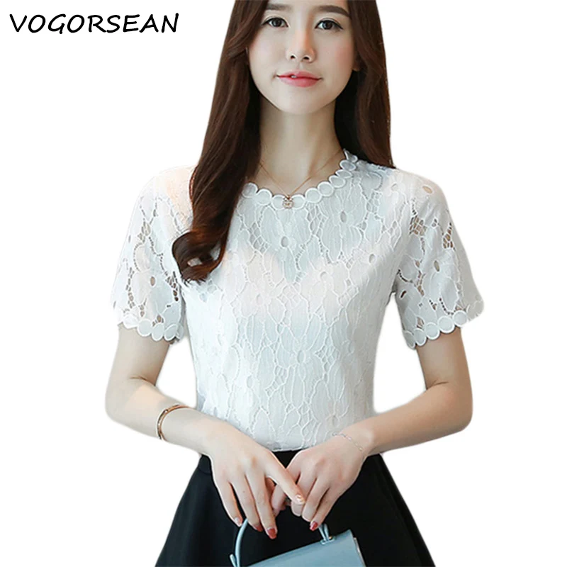 

VogorSean Summer woman Blouse high quality lace Women blouse Short sleeve O-Neck elegant Lace casual office white Tops