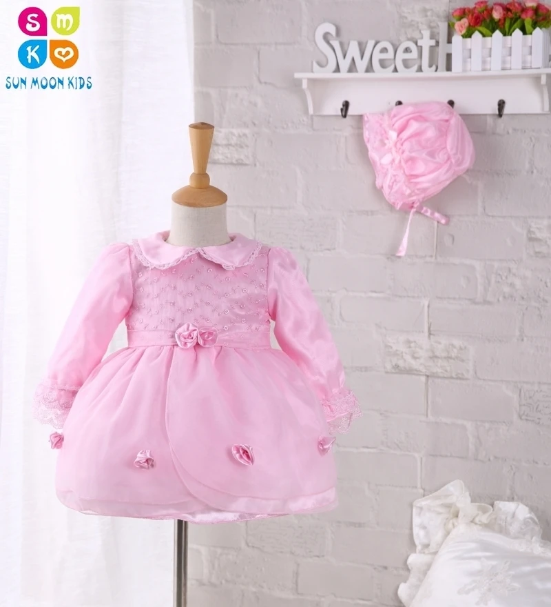 

Baby Girl Cotton Sets 2016 Autumn Infant Wedding Dress Baby Party Dresses 6-18month 1 Year Birthday Dress Pink Baby Dress