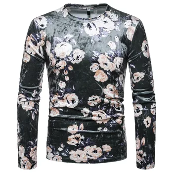 

Envmenst Men Tshirt Slim Fashion leisure T Shirt Flowers O Neck Long Gold velvet Sleeve Simple Comfortable T-Shirt Tops Tee