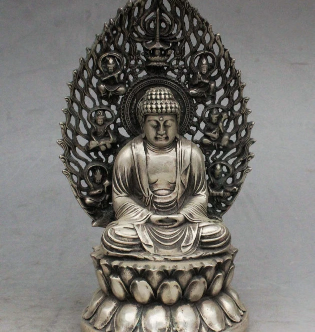 

8" Tibetan Buddhism Temple Silver Sakyamuni shakyamuni Tathagata Buddha Statue