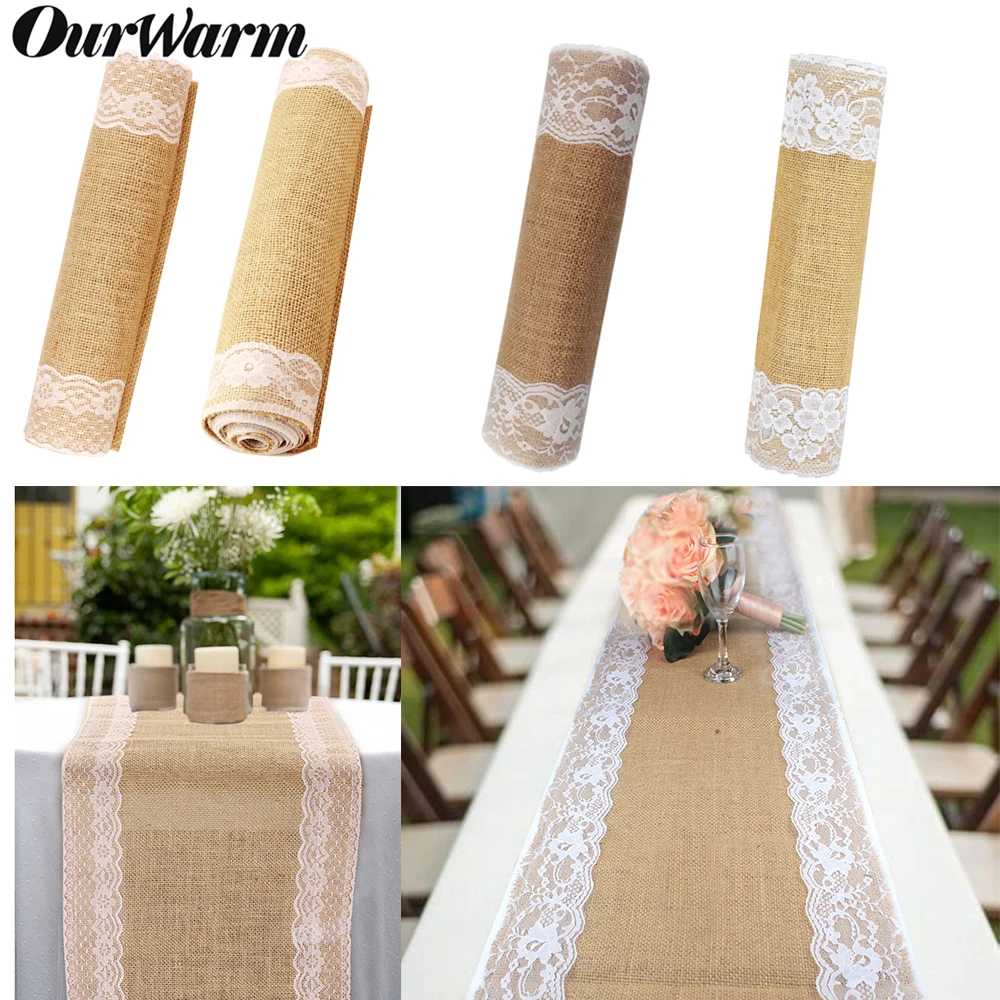 

OurWarm 275x30cm Natural Burlap Table Runner for Wedding White Lace Crochet Jute Linen Table Runners Dining Room Hotel Supplies